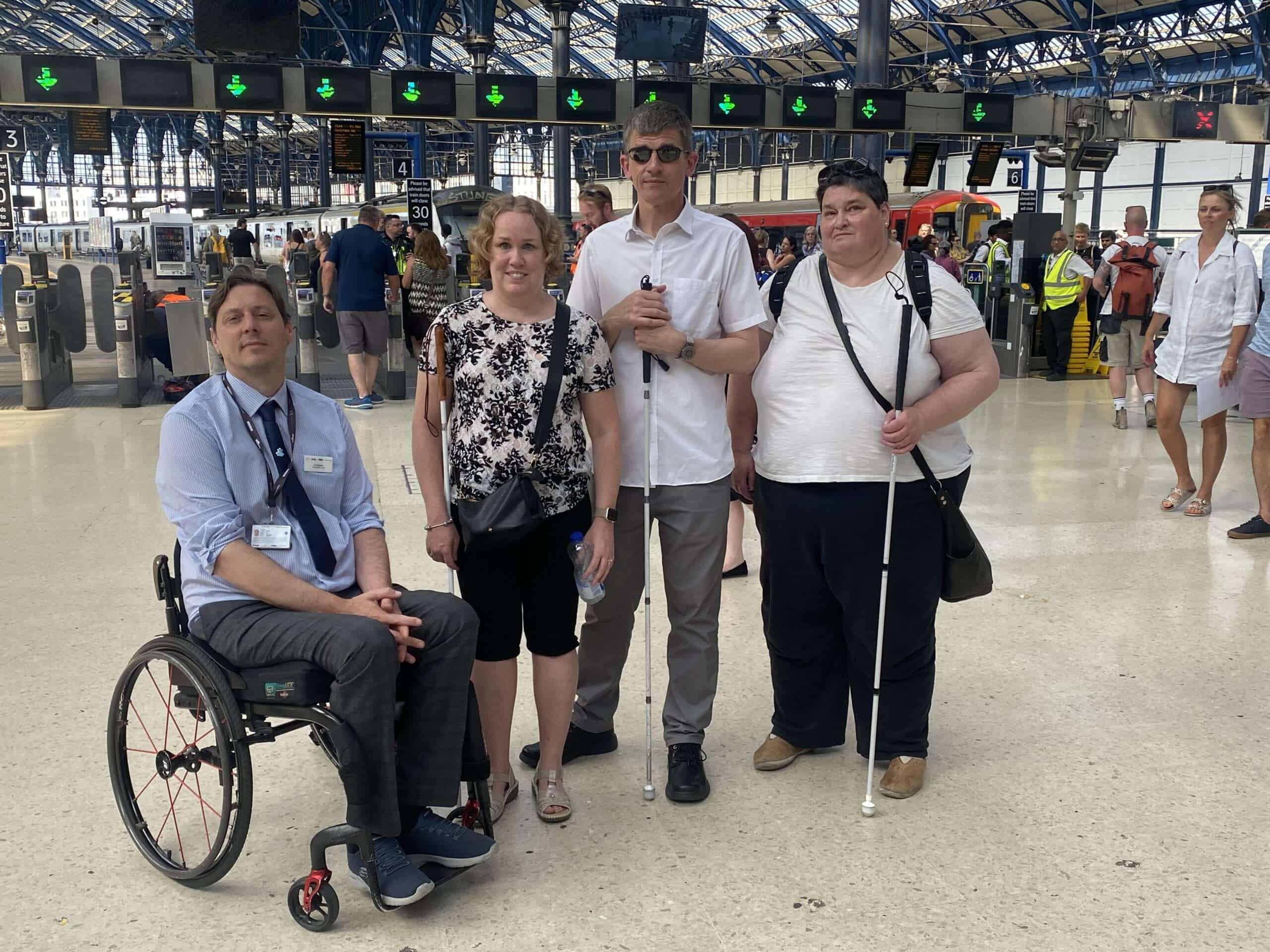 Testing testing Testing the Aira app at Brighton are from left GTR accessibility lead Carl Martin Linn Davies David Smith and Iris Keppler scaled