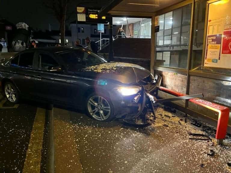 car colliding with a bus shelter in Goldstone Villas, Hove