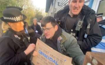 Hastings Palestine Solidarity Campaign demonstration leads to arrests outside General Dynamics.