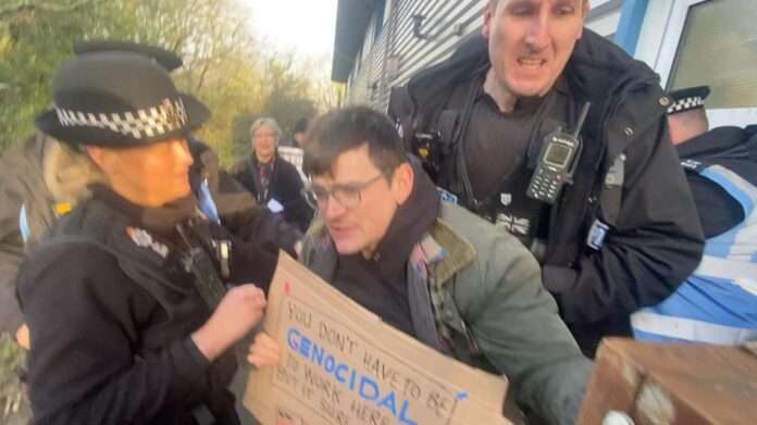 Hastings Palestine Solidarity Campaign demonstration leads to arrests outside General Dynamics.