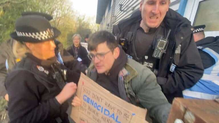Hastings Palestine Solidarity Campaign demonstration leads to arrests outside General Dynamics.