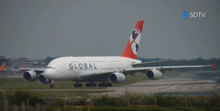 Global Airlines A380 Lands at Gatwick for the First Time