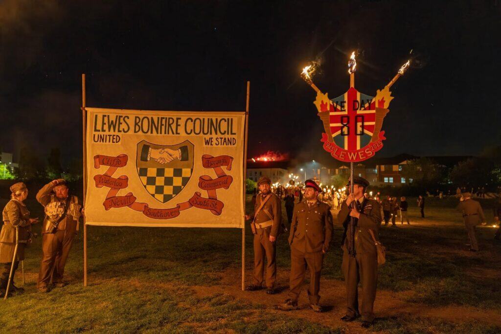Lewes Bonfire Societies Unite for Historic VE Day Torchlit Procession