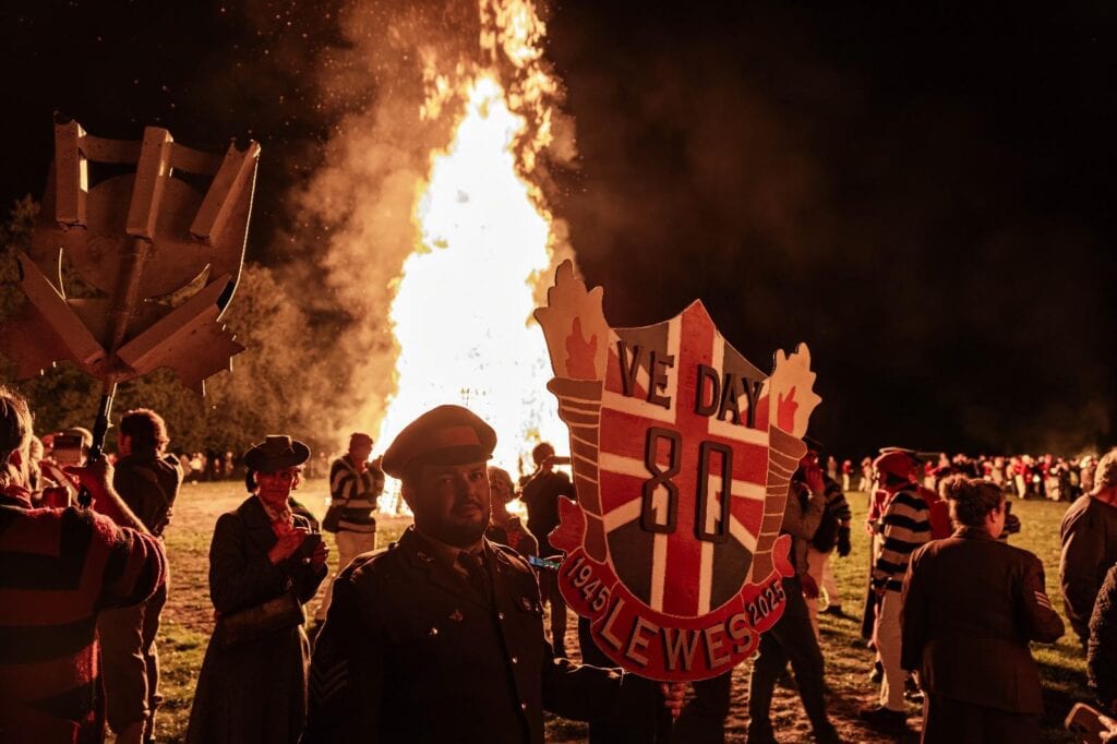 Lewes Bonfire Societies Unite for Historic VE Day Torchlit Procession