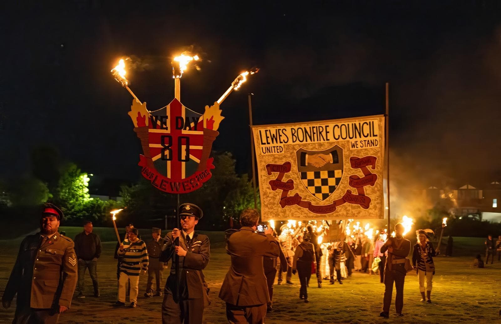 Lewes Bonfire Societies Unite for Historic VE Day Torchlit Procession